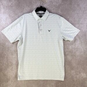 Callaway Polo Shirt Mens Medium White Teal Geometric Opti-Dri Short Sleeve Golf